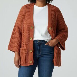 Pretty Garden Long Sleeve Cardigan Sweater-Size L-Button Up-Rust-Front Pockets